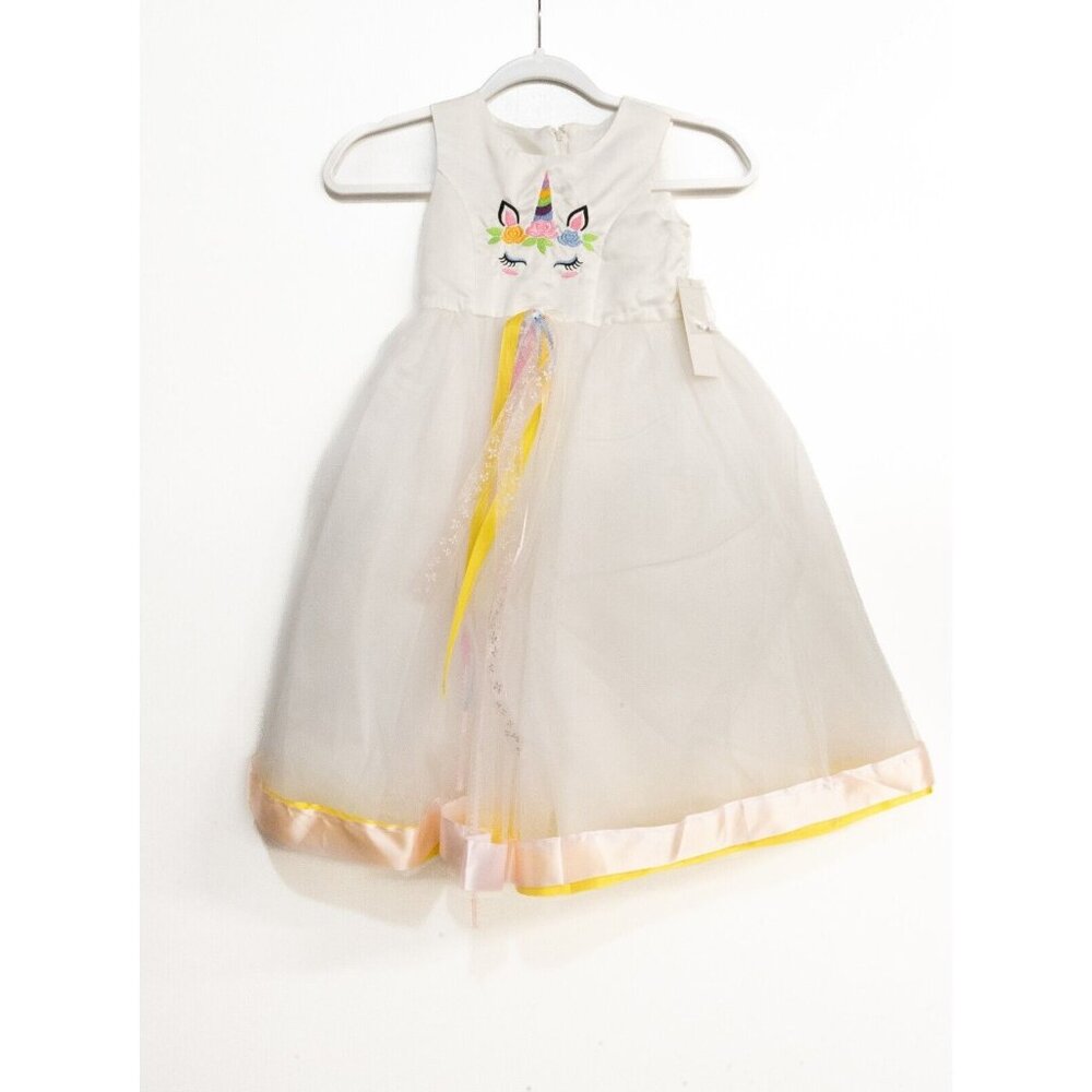 Sweet Kids Girls White Polyester Tutu Dress Unicorn Graphic Sleeveless Tulle 4
